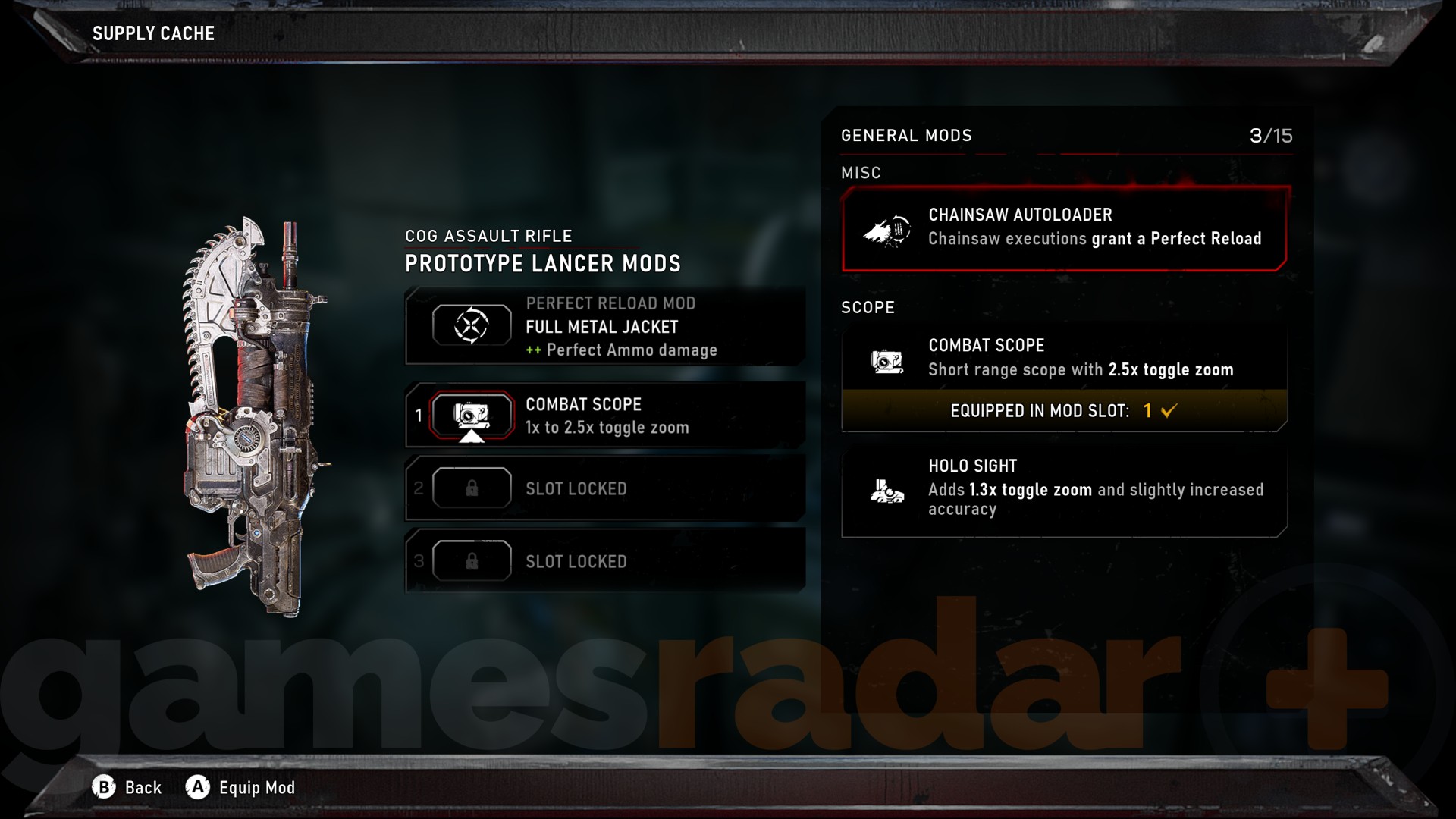 The best Proto Lancer Gears of War E-Day mods as seen in the supply cache loadout screen.
