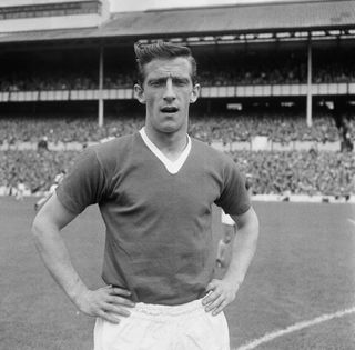 English footballer Dennis Viollet (1933 - 1999), a forward with Manchester United football club, on the day of match in London on September 3rd, 1960. Manchester United are playing against Tottenham Hotspur at White Hart Lane