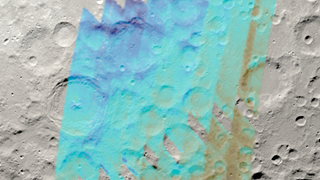 a map of the lunar surface with different shades of blue denoting different concentrations of water on the lunar surface