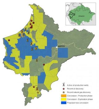 Oil and gas blocks in the western Amazon in 2008. Solid yellow indicates blocks already leased out to companies. Hashed yellow indicates proposed blocks or blocks still in the negotiation phase.