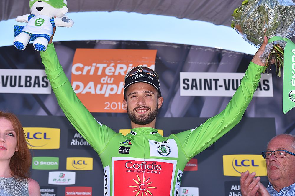 Stage 1 winner Nacer Bouhanni in the green jersey at Criterium du Dauphine