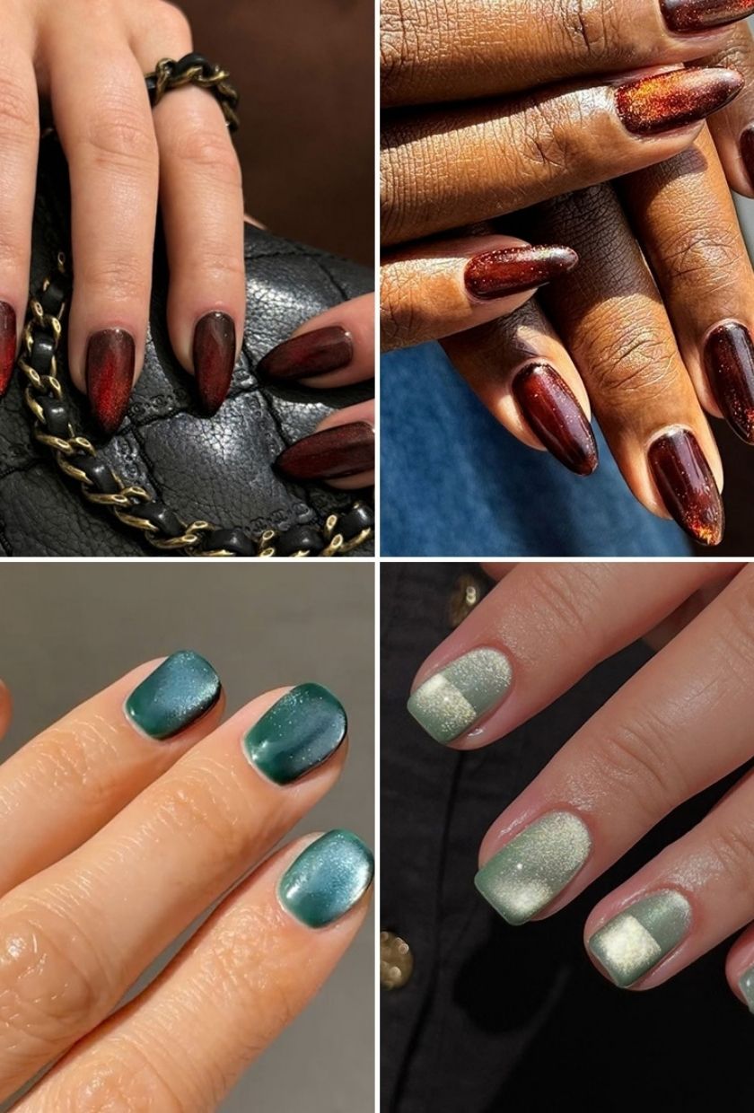Close-up shots of burgundy, dark brown, turquoise and sage green velvet nails