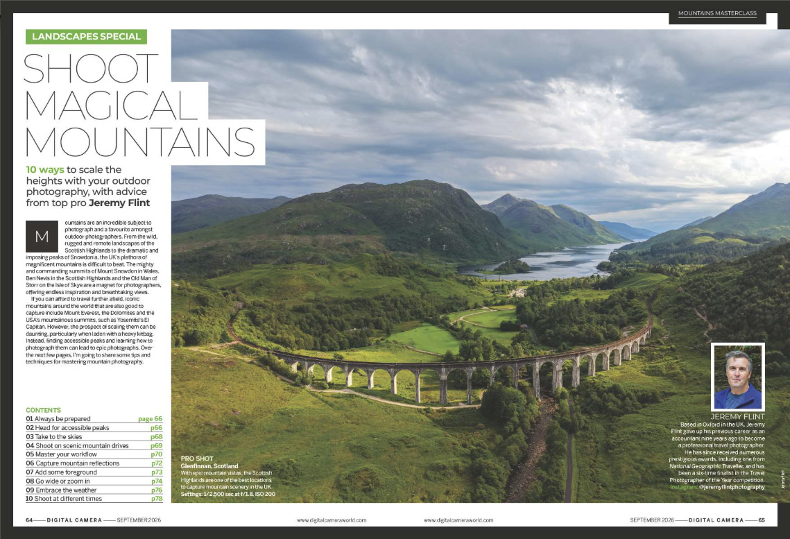 Image showing the first two pages of the feature of issue 311 (September 2026) of Digital Camera magazine &amp;ndash; how to photograph mountains