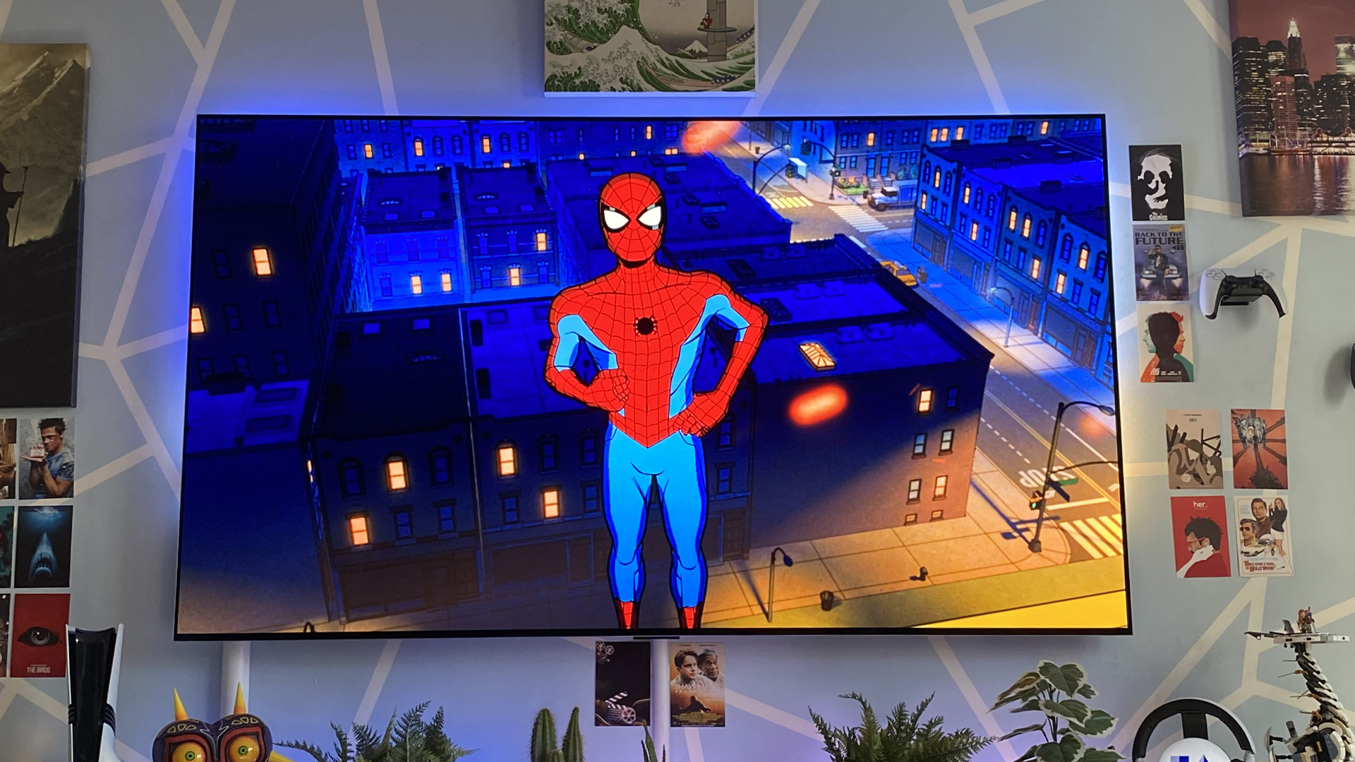 Philips Hue Play HDMI Sync Box 8K with image of Spiderman on screen