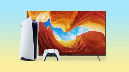 PS5 with TV on coloured background