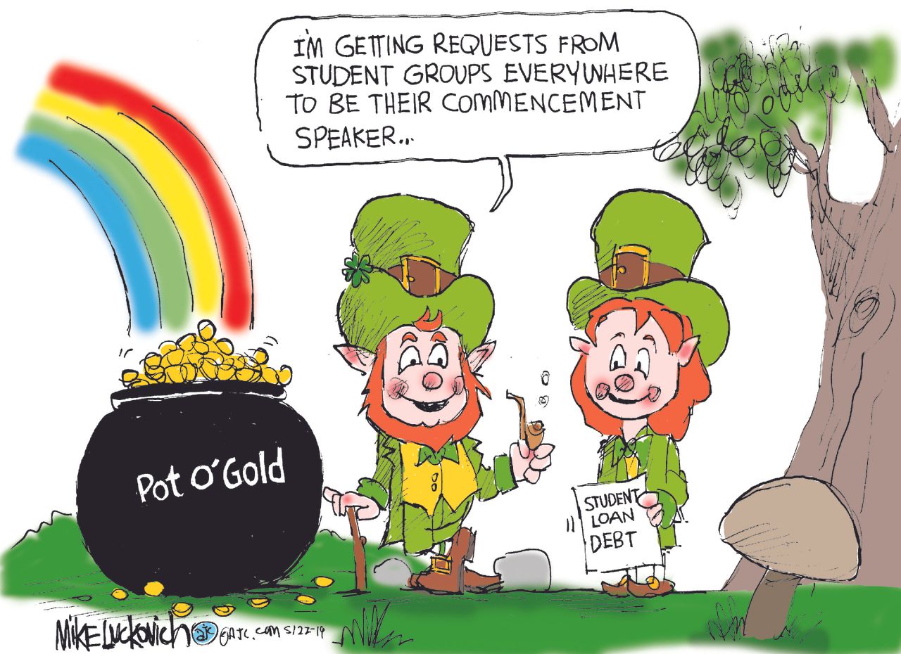 Political Cartoon U.S. Commencement speaker pays for student loans pot of gold leprechaun