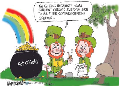 Political Cartoon U.S. Commencement speaker pays for student loans pot of gold leprechaun