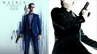 Jonathan Groff in The Matrix Resurrections and Hugo Weaving in The Matrix Reloaded, side by side