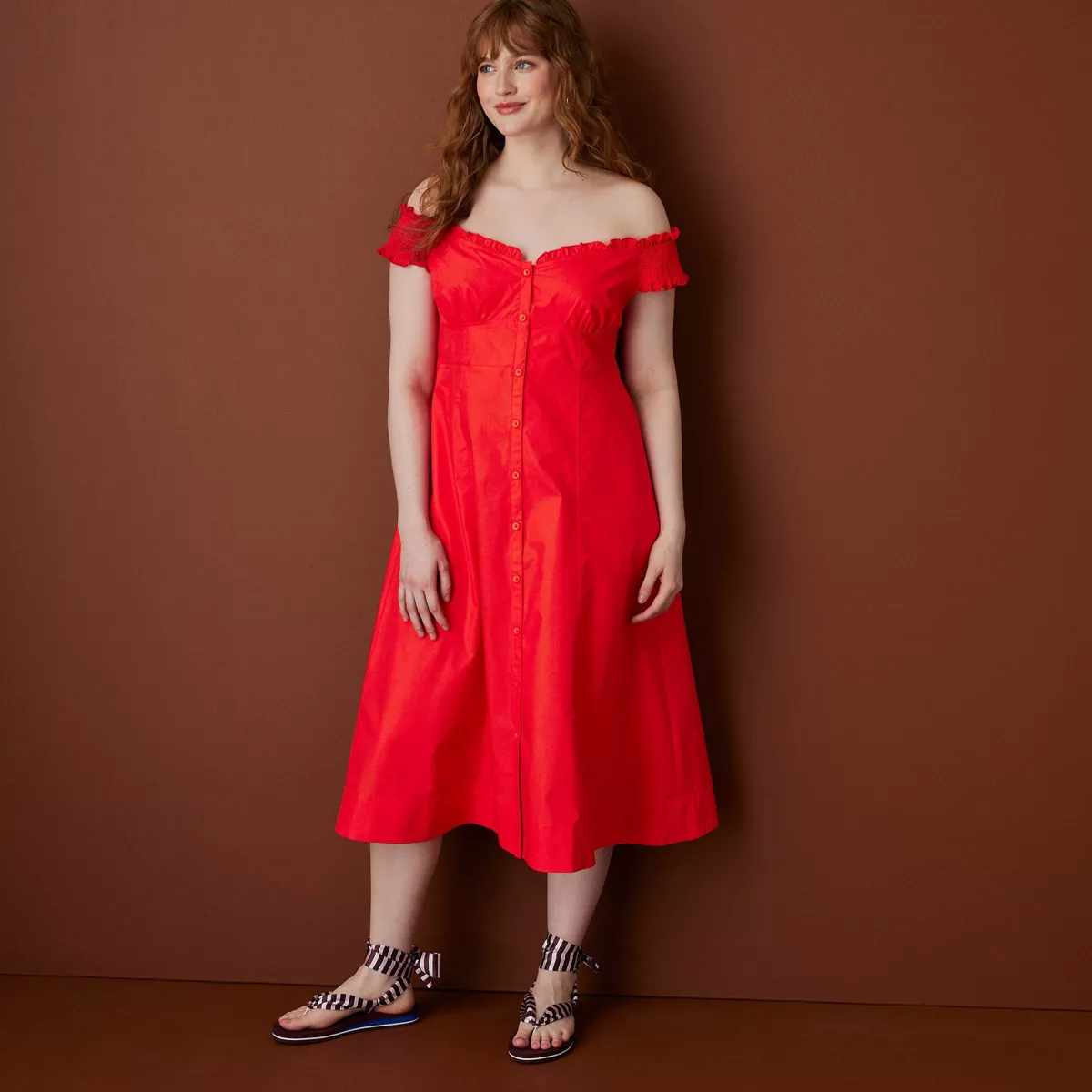 Women's Off the Shoulder Poplin Button-Down Midi Dress - Rosie Assoulin X Target Red Xs