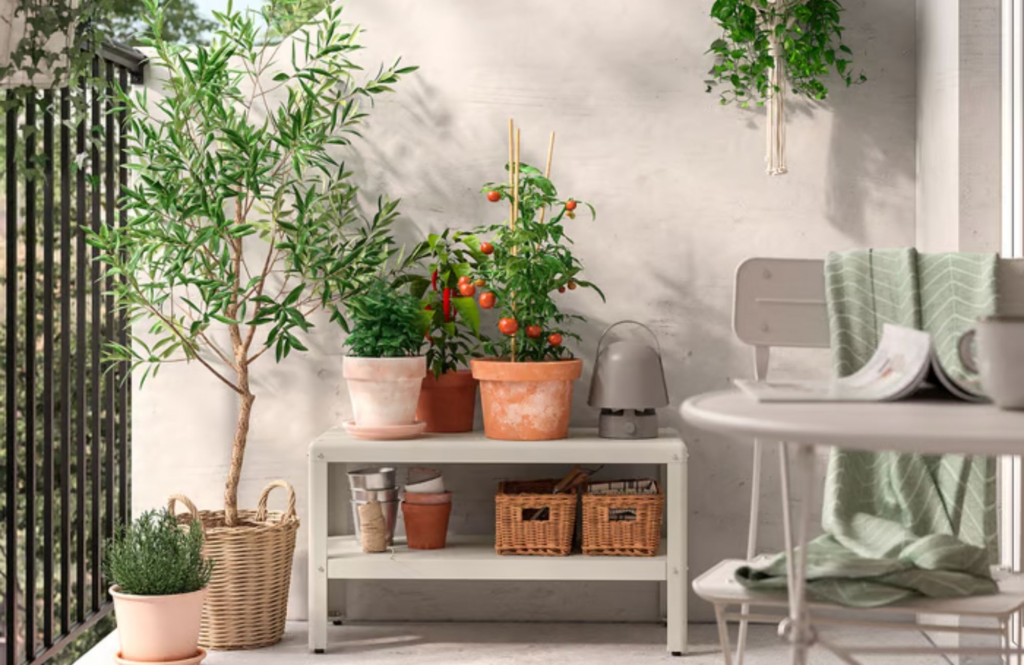 KOLBJ&Ouml;RN shelf unit on a balcony surrounded by potted plants