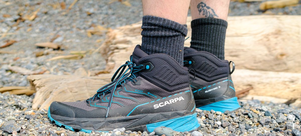 Person wearing the Scarpa Rush 2 Mid GTX hiking boots 