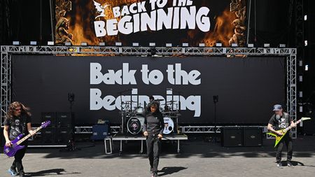 US rock band Anthrax sound check as preparations continue on the eve of British rock band, Black Sabbath's "Back to the Beginning" concert, Ozzy Osbourne's final ever gig as Black Sabbath's frontman at Villa Park in Birmingham, central England on July 4, 2025