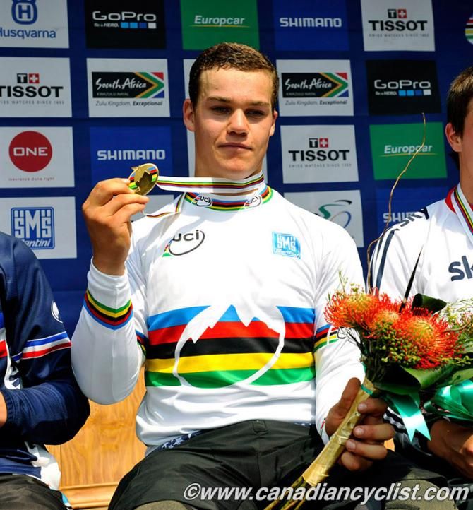 Newly crowned junior downhill world champion Richard Rude (United States of America)