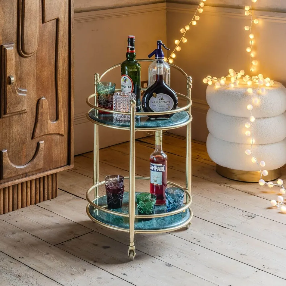 Graham and Green, Round Green Marble Drinks Trolley