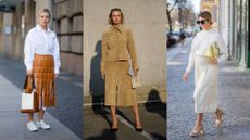 Three women wearing smart casual outfits with skirts