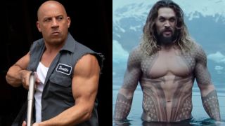 Vin Diesel toting a shotgun in F9, and Jason Momoa wading in the water in Justice League, pictured side-by-side.