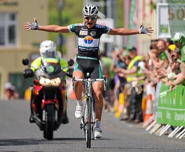 Thomas Rostollan (AVC Aix En Provence) celebrates winning the fifth stage of the 2012 An Post R&aacute;s.