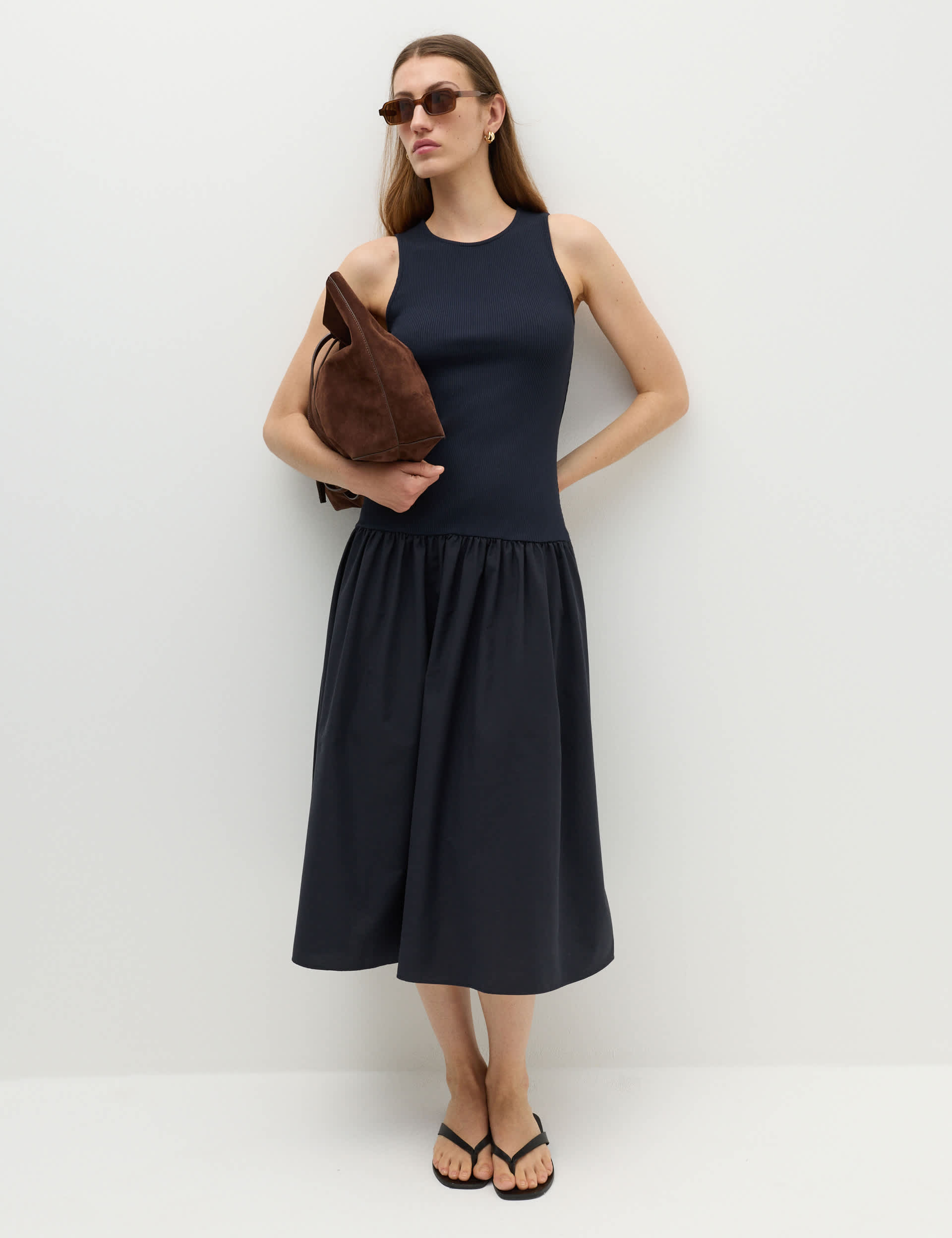 Jersey Ribbed Midi Drop Waist Dress