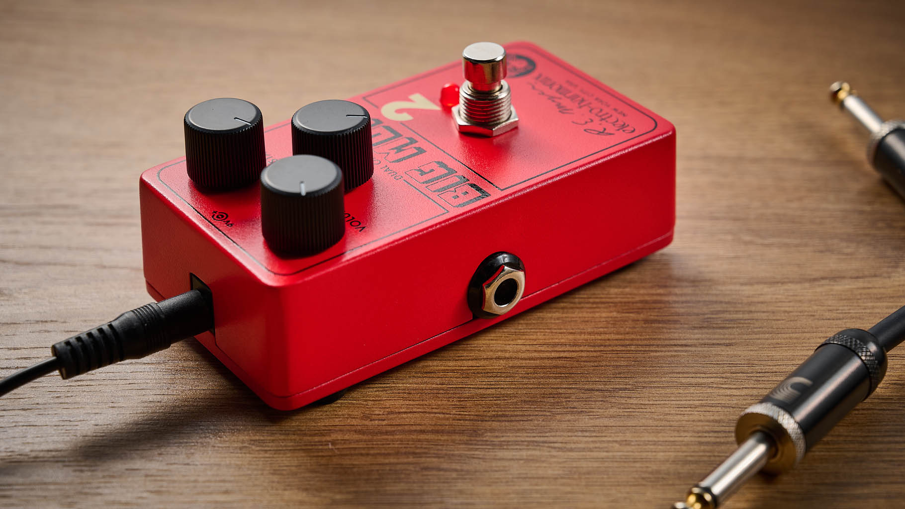 Electro-Harmonix Big Muff Pi 2 Dual Op-Amp Fuzz is built from a lost schematic that's 50 years old but the form factor is familiar for contemporary EHX stompboxes, a three-knob fuzz, red enclosure.