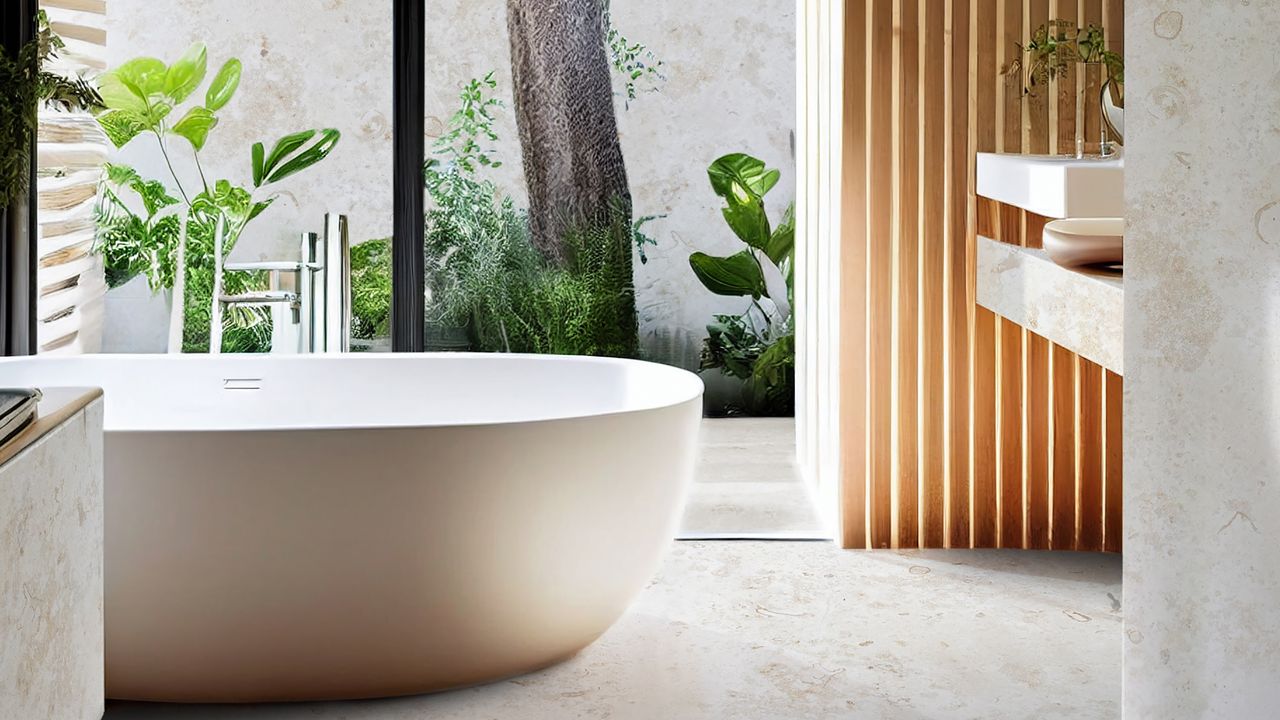 Bathroom with double doors, panelling and white bath