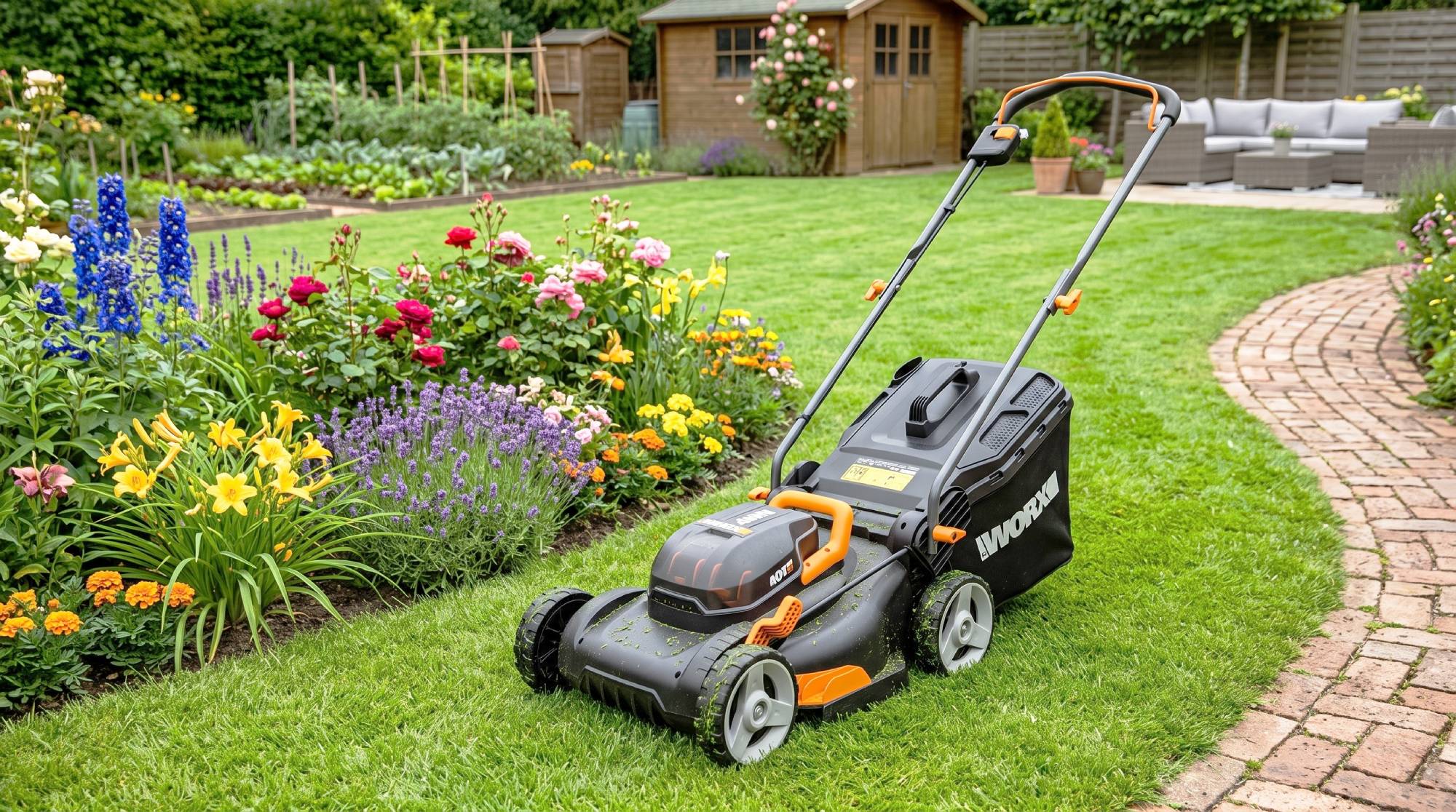 A lawn mower on grass between a flower bed and brick path