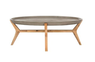 coffee table with oval shape, grey concrete top and wooden legs