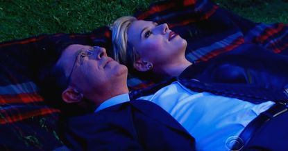 Stephen Colbert and Scarlet Johansson, under the stars