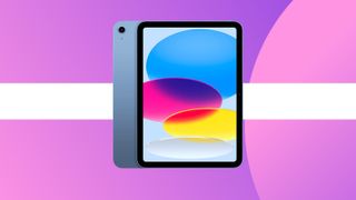 A product shot of the iPad 10th gen on a colourful background