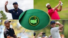 Bryson DeChambeau, Jon Rahm, Xander Schauffele and Ludvig Aberg with a Masters green jacket centered