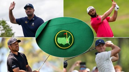 Bryson DeChambeau, Jon Rahm, Xander Schauffele and Ludvig Aberg with a Masters green jacket centered