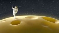 an astronaut in a white spacesuit stands on a moon made of cheese