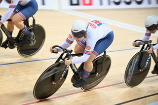 Track cyclists ride on the velodrome