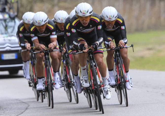 Colombia's climbers in team time trialling action.