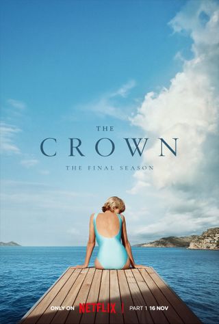 The Crown season 6 promotional poster featuring Princess Diana in a blue swimsuit sitting on a jetty with her back to the camera