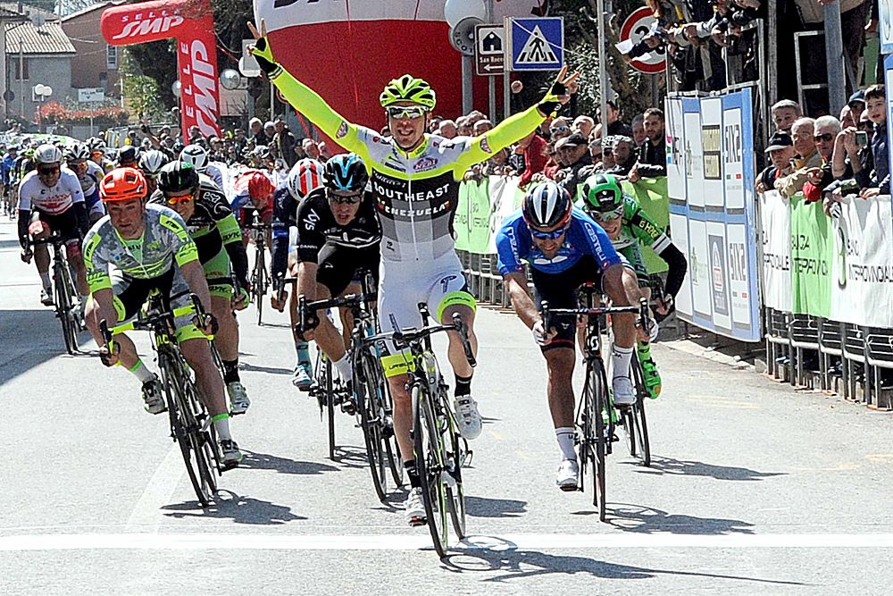 Manuel Belletti (Southeast-Venezuela) takes the bunch sprint at Coppi e Bartali