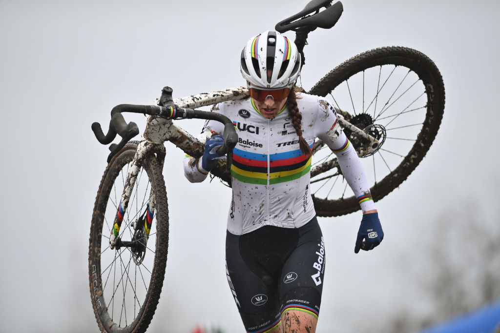 Dutch Lucinda Brand pictured in action during the women&amp;apos;s elite race at the Cyclocross World Cup cyclocross event in Dendermonde, Belgium, Sunday 26 December 2021, the eleventh stage (out of 16) in the World Cup of the 2021-2022 season. BELGA PHOTO DAVID STOCKMAN (Photo by DAVID STOCKMAN/BELGA MAG/AFP via Getty Images)