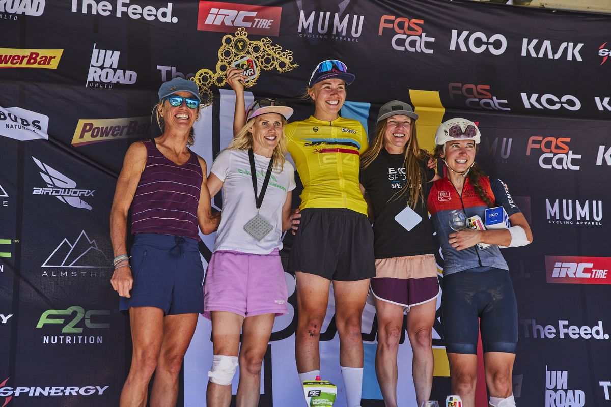 BWR UTAH women&#039;s elite podium in 2023, with winner Melisa Rollins on top step (middle)