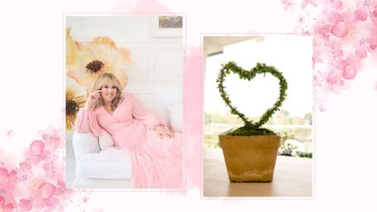 a compilation image of Sara Davies reclining on a white sofa in a pink dress next to a potted plant shaped into a heart