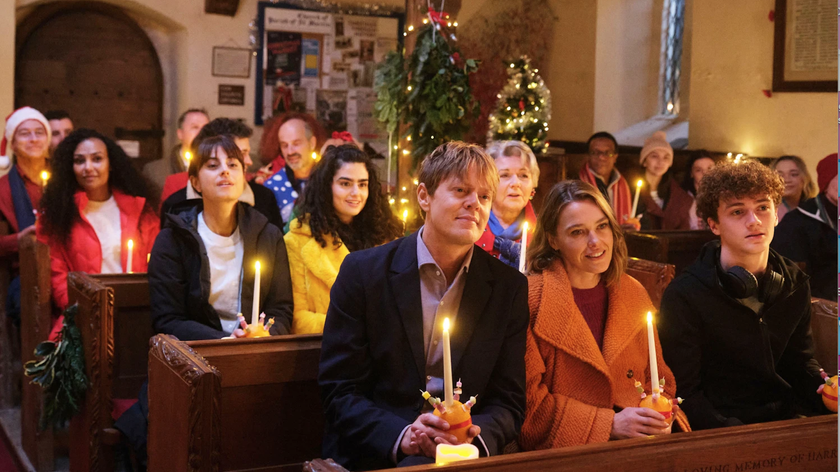 Humphrey (played by Kris Marshall) and Martha (Sally Bretton) join the congregation in Shipton Abbott in &quot;Beyond Paradise Christmas Special 2024&quot;