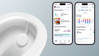 Et reklamebillede for den nye Withings U-scan, der viser enheden på et toilet med to mobiltelefoner, der viser den tilhørende app.