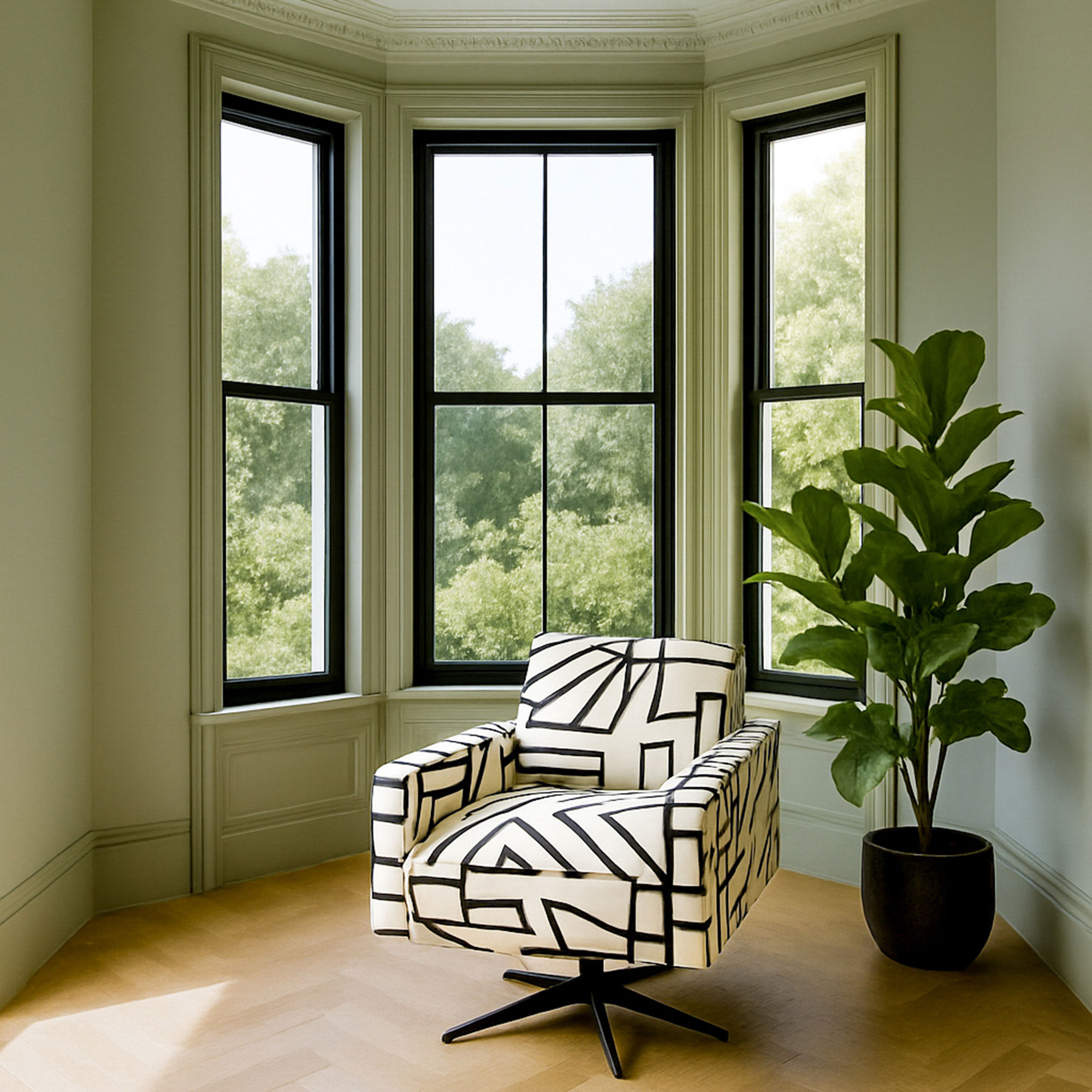 Graphically upholstered chair in bay window