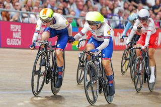 Neah Evans and Elinor Barker of Great Britain win the women's Madison in Glasgow