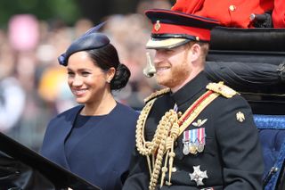 Meghan, Duchess of Sussex and Prince Harry, Duke of Sussex arrive at Trooping The Colour, the Queen's annual birthday parade, on June 08, 2019
