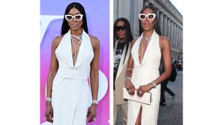 On the left, Naomi Campbell is pictured wearing a white dress and seen with a sheer pink manicure whilst attending the V&A Summer Party 2024 Celebrating "NAOMI: In Fashion" at The V&A on June 19, 2024 in London, England. And on the right, Law Roach and Naomi Campbell are seen outside the V&A Summer Party 2024 celebrating "NAOMI: In Fashion" at The V&A on June 19, 2024 in London, England.