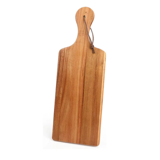 A wooden cutting board with handle