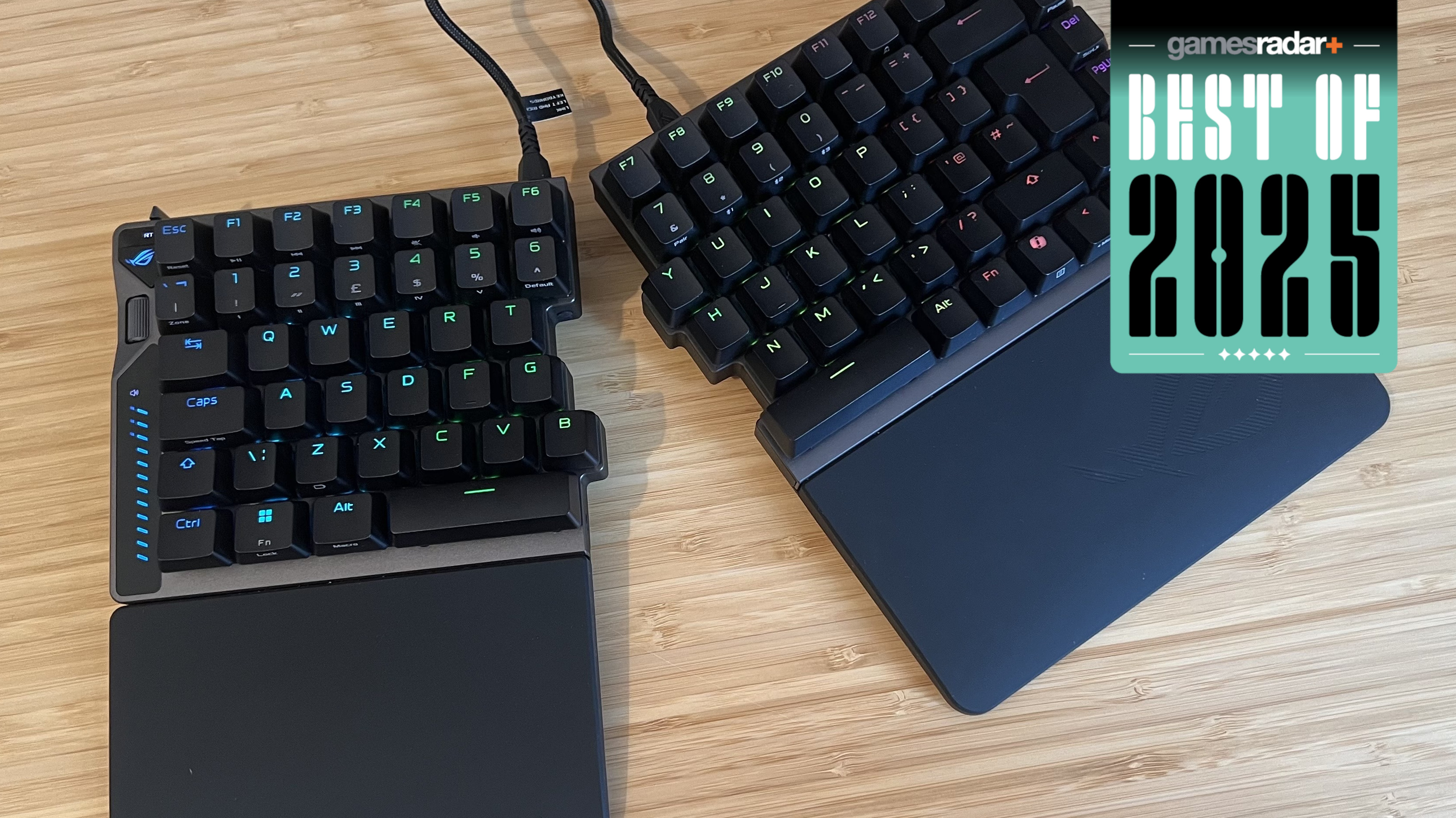 Asus ROG Falcata gaming keyboard on a wooden desk with GamesRadar+ Best of 2025 badge