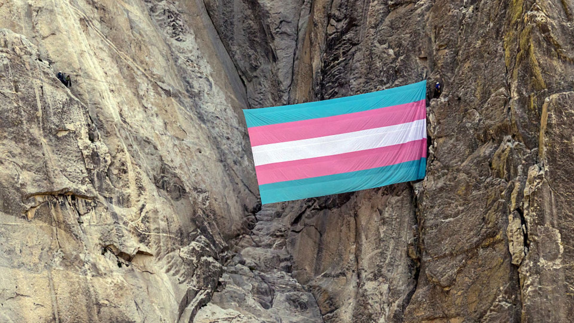 The Trans flag is unfurled in Yosemite National Park