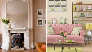 Pale pink living room collage to highlight a key interior colour trend of 2025