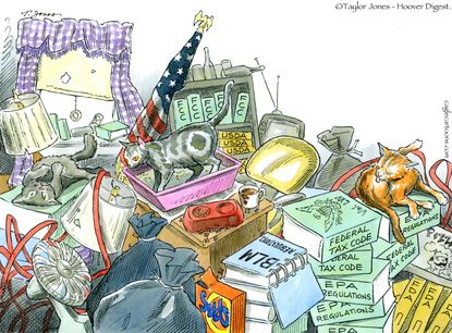 Political cartoon U.S. government over regulation hoarder