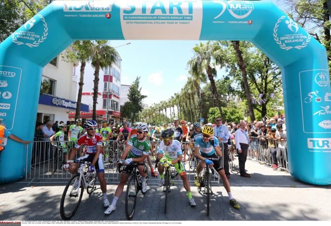 The jersey leaders before the start of stage four